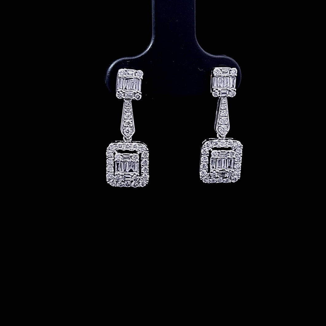 0.80cts Round Brillant and Baguette Cut Diamonds | Designer Drop Earrings | 18kt White Gold