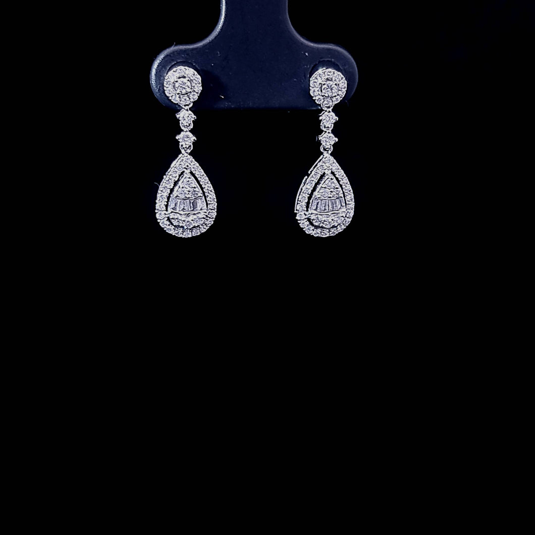 0.550cts Round Brilliant and Baguette Cut Diamonds | Designer Pear Drop Earrings | 18kt White Gold