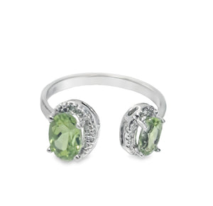 1.50cts [2] Oval Cut Green Peridots | 0.03cts Round Cut Diamonds | Designer Open Shank Ring | 10kt White Gold