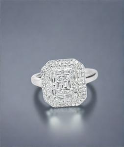 0.550cts [tw] Round Brilliant and Baguette Cut Diamonds | Designer Double Halo Ring | 18kt White Gold