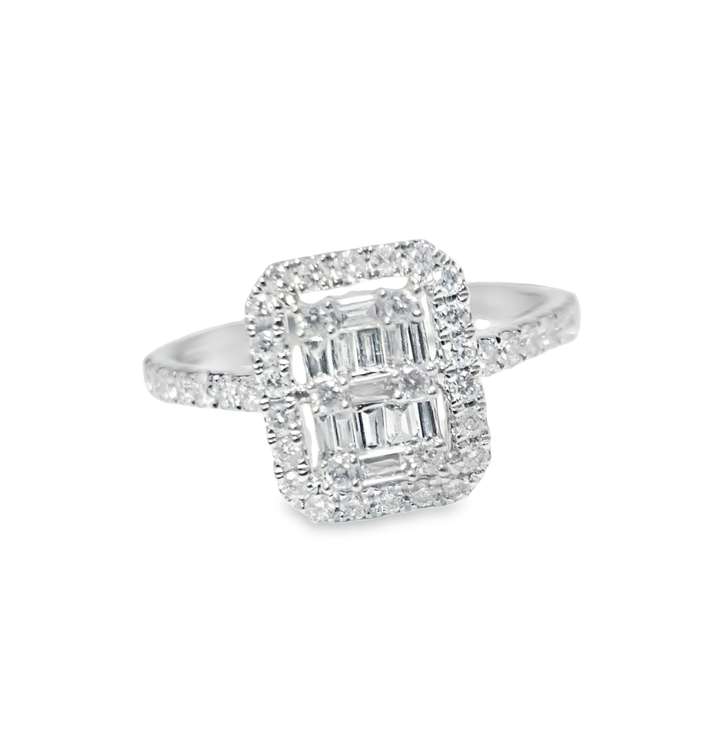 0.50cts [tw] Round Brilliant and Baguette Cut Diamonds | Designer Halo Ring | 18kt White Gold