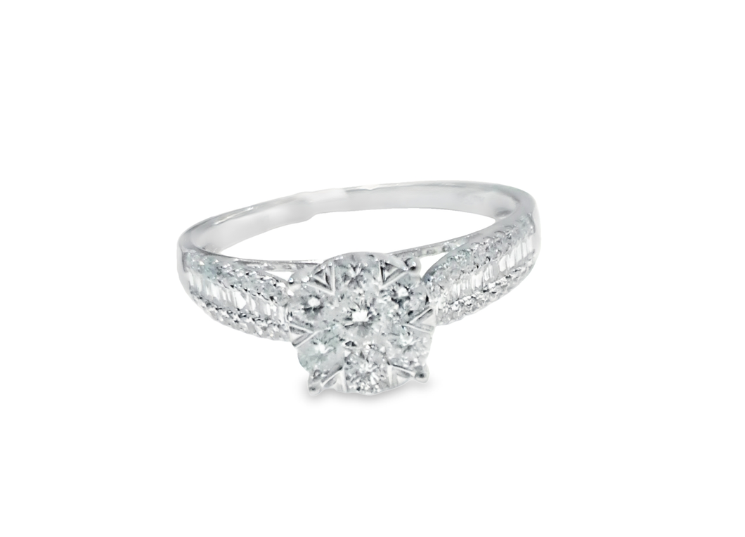0.700cts Round Brilliant and Baguette Cut Diamonds | Designer Cluster Ring | 18kt White Gold