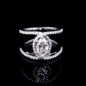 1.075ct Marquise Cut Diamond | 0.60cts [64] Round Brilliant Cut Diamonds | Designer Swirl Ring | 18kt White Gold