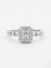 Load image into Gallery viewer, 0.850cts Emerald and Round Brilliant Cut Diamonds | Designer Halo Ring | 14kt Rose and White Gold
