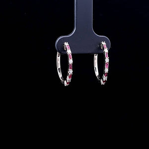 0.20cts [12] Round Brilliant Cut Diamonds | 0.20cts [10] Baguette Cut Red Rubies | Designer Hoop Earrings | 14kt Yellow Gold