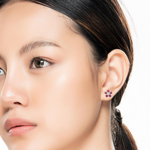 0.32cts [10] Round Cut Rubies | 0.06cts [2] Round Brilliant Cut Diamonds | Designer Stud Earring | 18kt Rose Gold