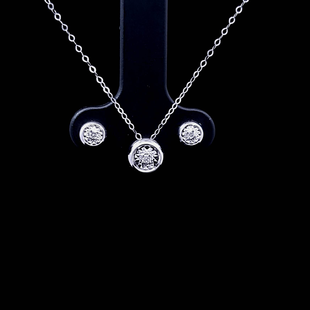 0.031cts [3] Round Brilliant Cut Diamonds | Illusion Design | Pendant, Chain and Stud Earring Set | 18kt White Gold