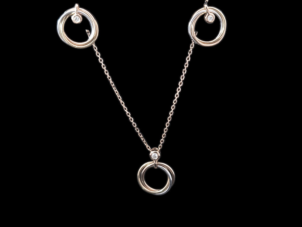 0.057cts [3] Round Brilliant Cut Diamonds | Designer Crossover Necklace and Drop Earring Set | 18kt Tri-Colour Gold
