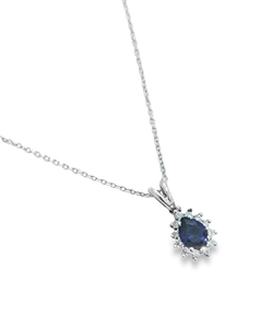 0.40ct Pear Cut Diffused Sapphire | 0.10cts [12] Round Brilliant Cut Diamonds | Pendant with Chain | 14kt White Gold