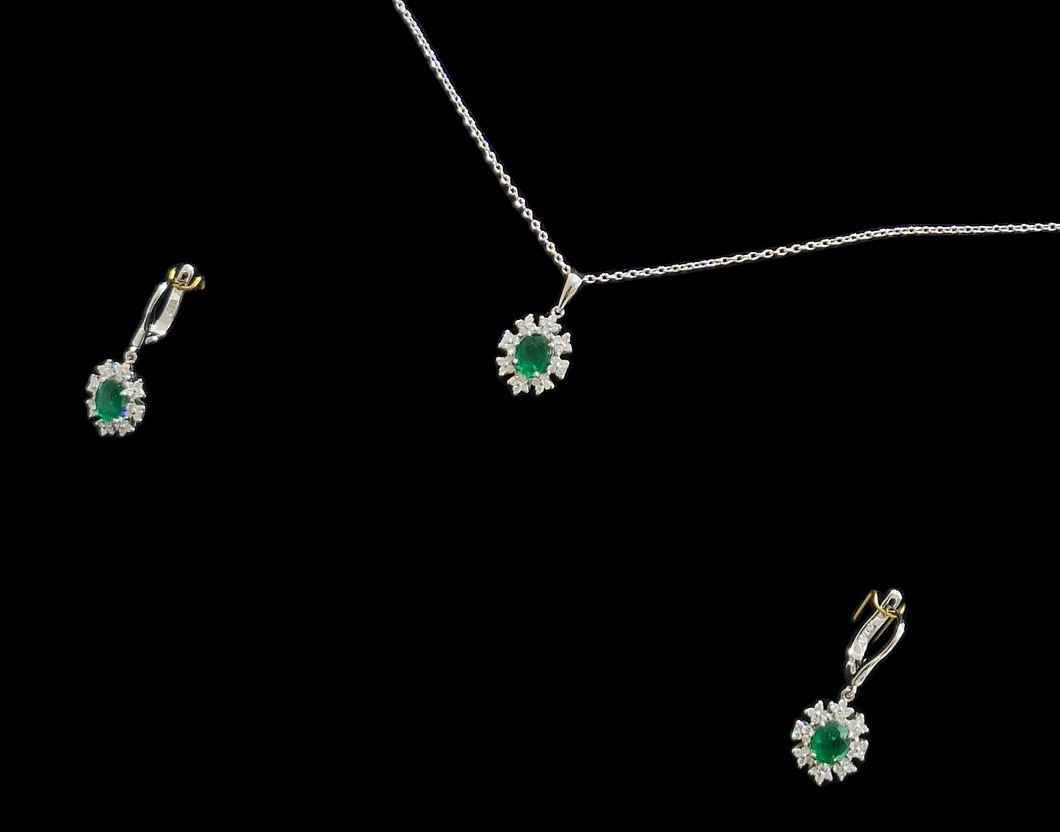 1.71cts [3] Oval Cut Green Emeralds | 0.60cts [96] Round Brilliant Cut Diamonds | Designer Halo Necklace and Drop Earring Set | 18kt White Gold