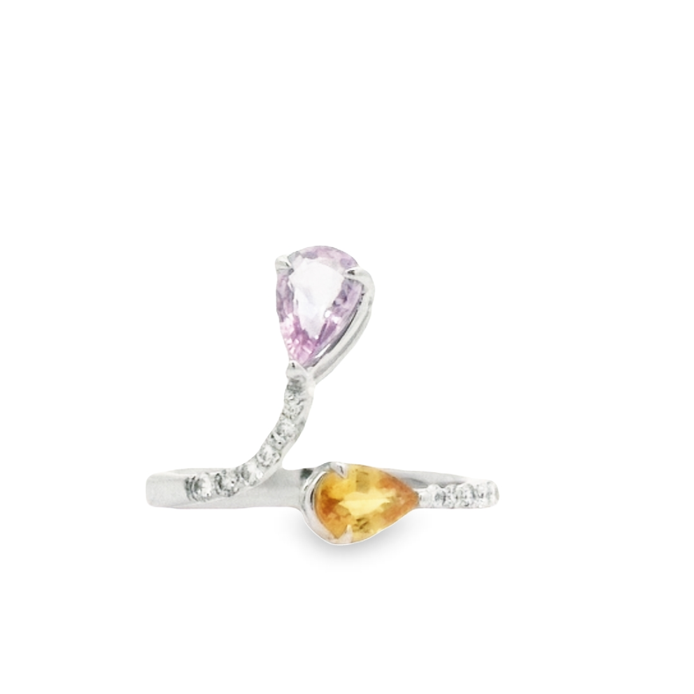 0.91ct Pear Cut Pink Sapphire | 0.51ct Pear Cut Yellow Sapphire | 0.14cts [11] Round Brilliant Cut Diamonds | Designer Open Shank Ring | 18kt White Gold
