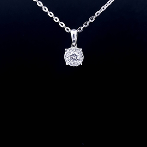 0.45cts Round Brilliant Cut Diamonds | Designer Halo Pendant with Chain | 18kt White Gold