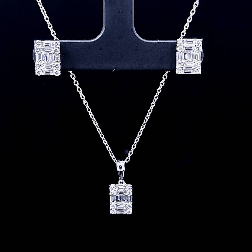 1.20cts [48] Round Brilliant and Baguette Cut Diamonds | Designer Illusion Necklace and Earring Set | 18kt White Gold