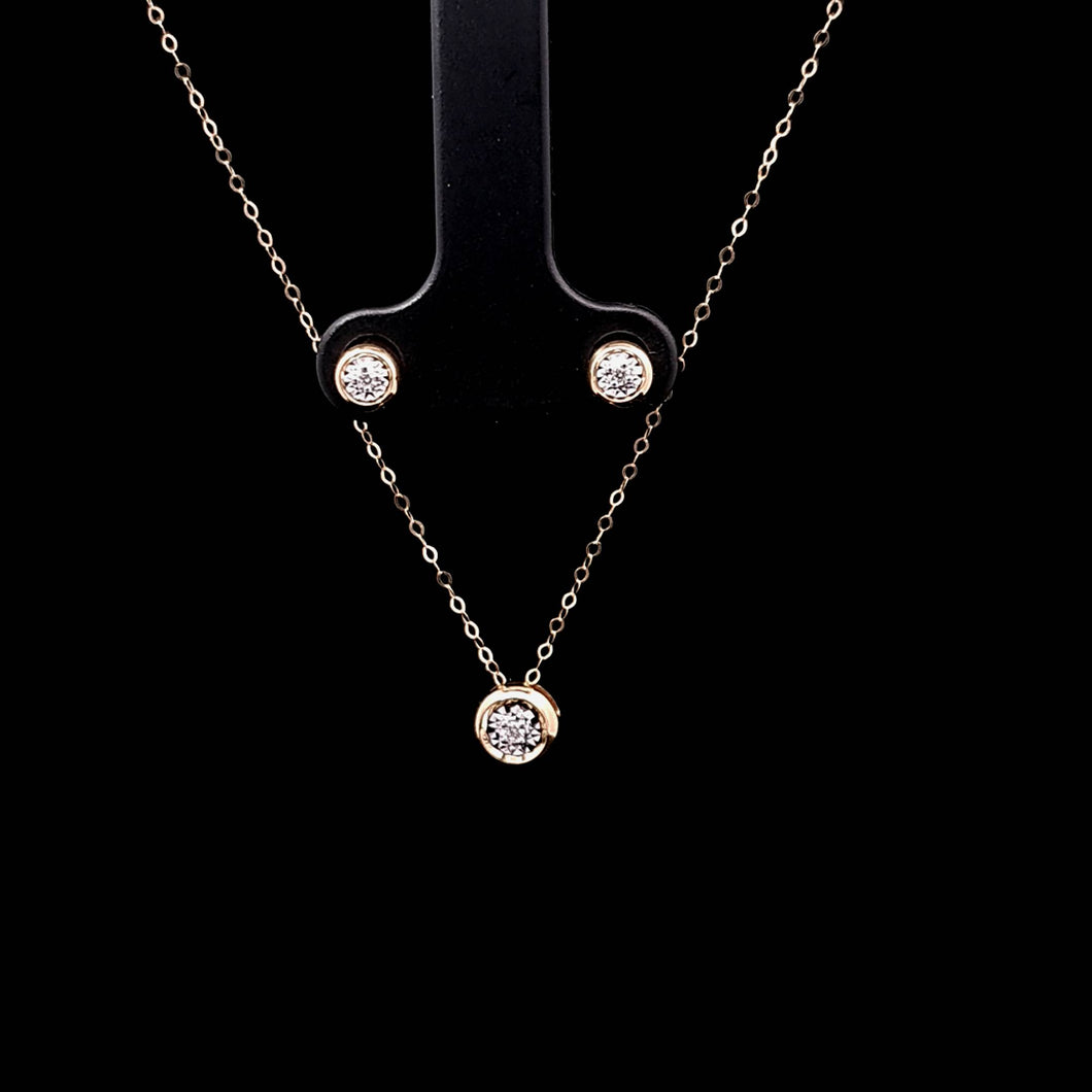 0.037cts [3] Round Brilliant Cut Diamonds | Designer Illusion Pendant, Chain and Stud Earring Set | 18kt Yellow Gold