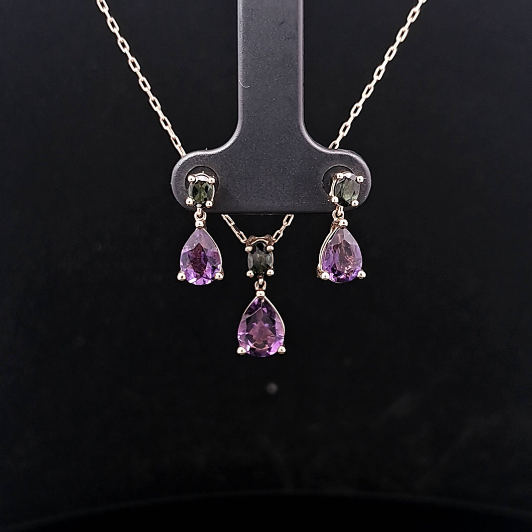 2.50cts [6] Green Tourmaline and Purple Amethyst | Necklace and Earring Set | 10kt Yellow Gold