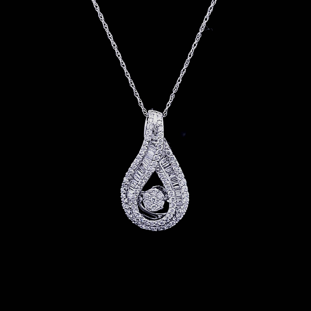 0.75cts Round Brilliant and Baguette Cut Diamonds | Dancing Diamond Pendant with Chain | 14kt White Gold