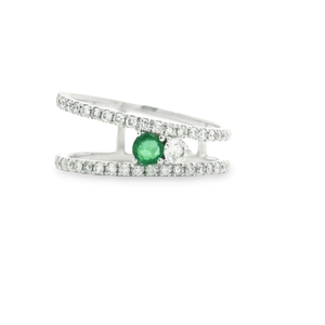0.15ct Round Cut Green Emerald | 0.58cts [58] Round Brilliant Cut Diamonds | Designer Ring | 18kt White Gold