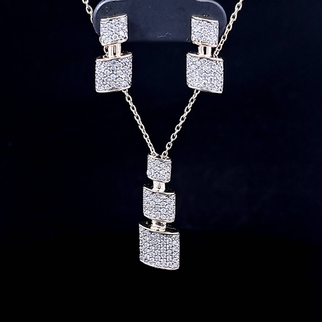 1.50cts [178] Round Brilliant Cut Diamonds | Designer Tiered Necklace with Matching Earring | 18kt Yellow and White Gold
