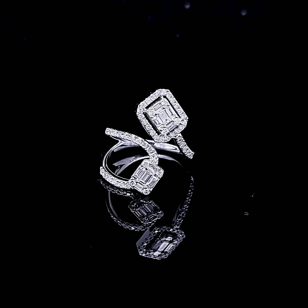 0.670cts [65] Round Brilliant and Baguette Cut Diamonds | Designer Open Shank Ring | 18kt White Gold