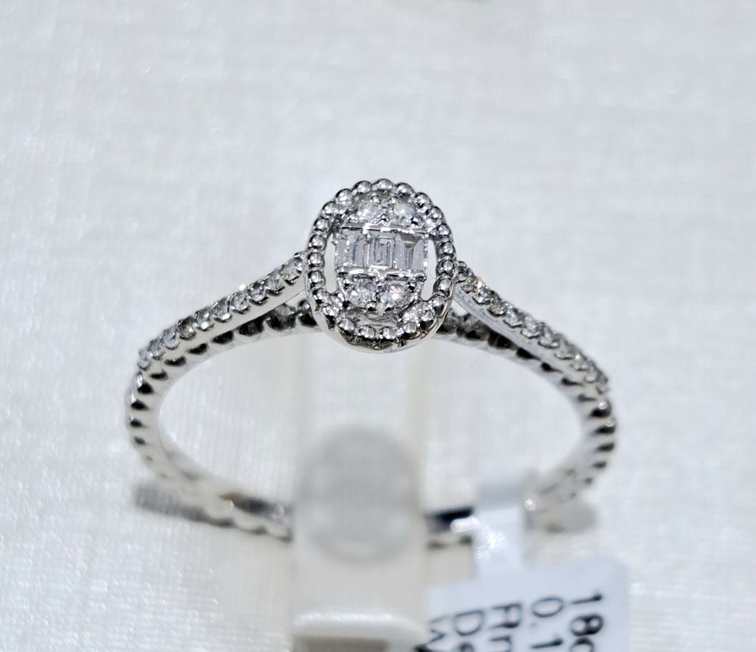 0.17cts [27] Round Brilliant and Baguette Cut Diamonds | Designer Halo Ring with Ribbed Shank | 18kt White Gold