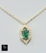 Load image into Gallery viewer, 0.35ct Emerald Cut Green Emerald | 0.10cts [20] Round Brilliant Cut Diamonds | Designer Pendant with Chain | 18kt Yellow Gold
