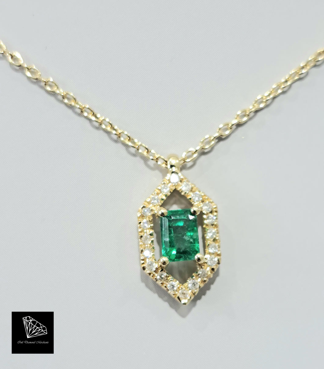 0.35ct Emerald Cut Green Emerald | 0.10cts [20] Round Brilliant Cut Diamonds | Designer Pendant with Chain | 18kt Yellow Gold