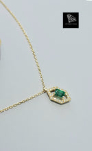 Load image into Gallery viewer, 0.35ct Emerald Cut Green Emerald | 0.10cts [20] Round Brilliant Cut Diamonds | Designer Pendant with Chain | 18kt Yellow Gold
