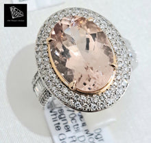 Load image into Gallery viewer, 5.39ct Oval Cut Pink Morganite | 0.21cts [14] Baguette Cut Diamonds | 0.58cts [104] Round Brilliant Cut Diamonds | Designer Ring | 18kt White Gold
