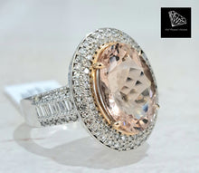 Load image into Gallery viewer, 5.39ct Oval Cut Pink Morganite | 0.21cts [14] Baguette Cut Diamonds | 0.58cts [104] Round Brilliant Cut Diamonds | Designer Ring | 18kt White Gold
