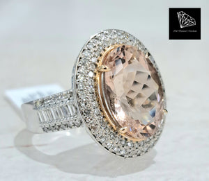 5.39ct Oval Cut Pink Morganite | 0.21cts [14] Baguette Cut Diamonds | 0.58cts [104] Round Brilliant Cut Diamonds | Designer Ring | 18kt White Gold