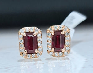 0.530cts [2] Emerald Cut Rubies | 0.13cts [32] Round Brilliant Cut Diamonds | Halo Design Earrings | 9kt Rose Gold