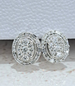 0.50cts Round Brilliant and Baguette Cut Diamonds | Halo Design Cluster Earrings | 10kt White Gold