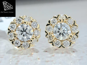 1.00cts Round Brilliant Cut Diamonds | Designer Halo Stud Earrings | 14kt Yellow Gold