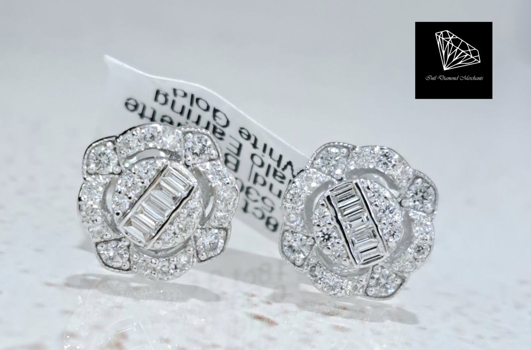 0.530cts [54] Baguette and Round Brilliant Cut Diamonds | Designer Halo Earrings | 18kt White Gold