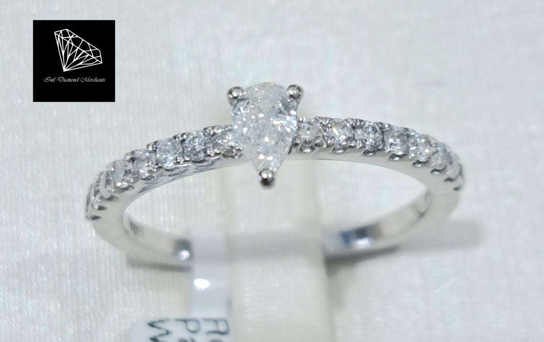 0.350cts [17] Round Brilliant and Pear Cut Diamonds | Designer Pave Ring | 14kt White Gold