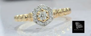 0.160cts Round Brilliant Cut Diamonds | Halo Design Ring | Beaded Shank | 10kt Yellow Gold