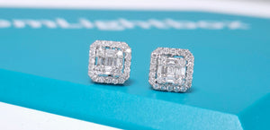 0.500cts Round Brilliant and Baguette Cut Diamonds | Designer Halo Cluster Earrings | 18kt White Gold
