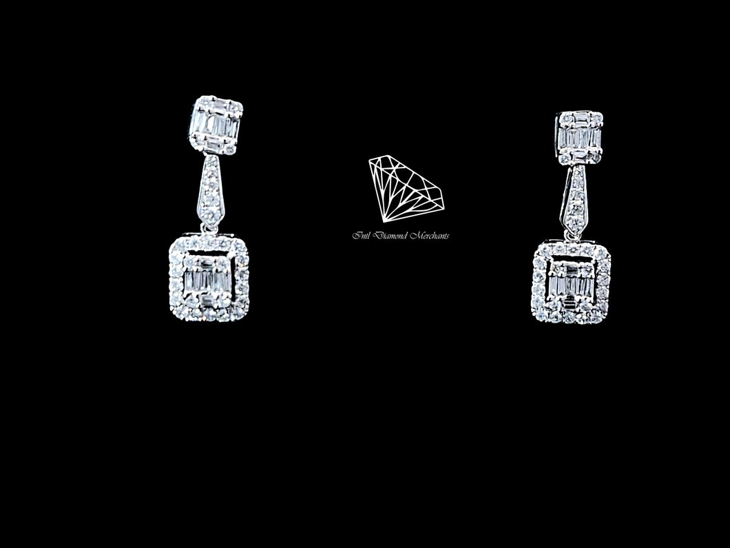 0.80cts Round Brillant and Baguette Cut Diamonds | Designer Drop Earrings | 18kt White Gold