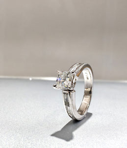0.782ct Princess Cut Certified Diamond | 0.50cts [6] Baguette Cut Diamonds | Designer Ring | 14kt White Gold