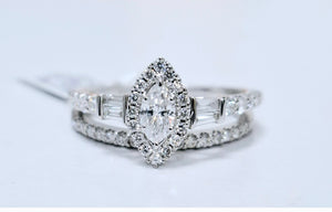 1.00cts Round Brilliant, Marquise and Baguette Cut Diamonds | Designer Halo Bridal Twinset | 14kt White Gold