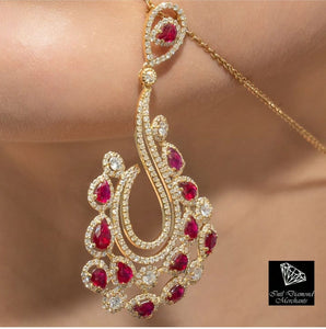 3.01cts [12] Pear Shape Red Rubies | 2.43cts [361] Round Brilliant Cut Diamonds | Designer Necklace | 18kt Yellow Gold