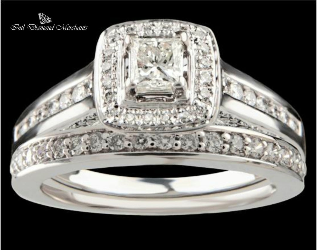 1.00cts | Round Brilliant and Princess Cut Diamonds | Designer Bridal Twinset | 14kt White Gold