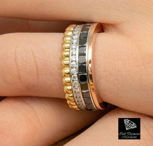 0.53cts [43] Round Brilliant Cut Diamonds | 1.93cts [30] Princess Cut Black Diamonds | Designer Spinning Ring | 18kt Tri-Colour Ring