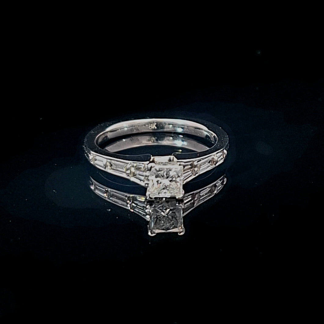 0.60ct Princess Cut Diamond | 0.18cts [8] Baguette Cut Diamonds | Designer Ring | 18kt White Gold