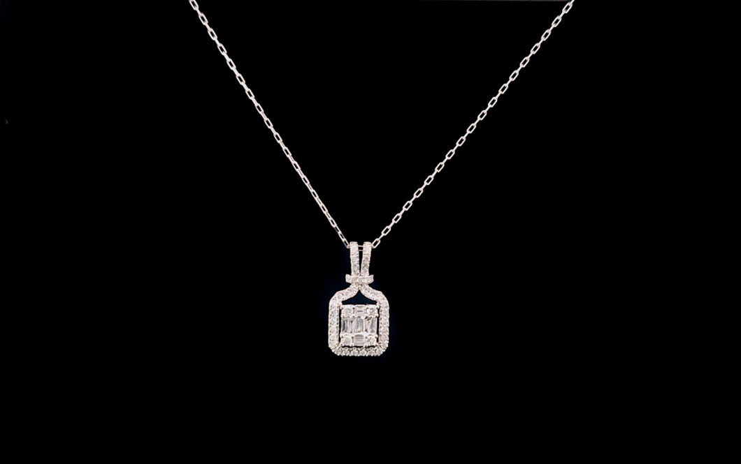 0.250cts Round Brilliant and Baguette Cut Diamonds | Designer Pendant with Chain | 18kt White Gold
