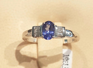 0.30ct Oval Cut Tanzanite Centre | 0.10cts Baguette Cut Diamonds | Designer Ring | 18kt White Gold