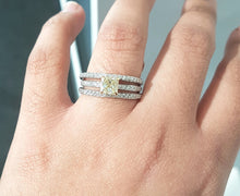 Load image into Gallery viewer, 0.72ct Cushion Cut Fancy Yellow | 0.66ct Round Cut Diamonds | 3 Row Design | 18kt White Gold
