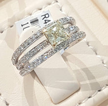 Load image into Gallery viewer, 0.72ct Cushion Cut Fancy Yellow | 0.66ct Round Cut Diamonds | 3 Row Design | 18kt White Gold
