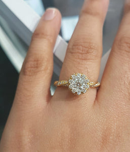 0.50ct Round Cut Diamond Centre | 1.00ct Round Brilliant Cut Diamonds | Halo Design Diamond Ring | 14kt Yellow Gold