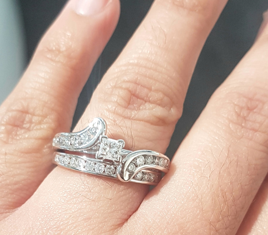 1.00ct Round and Princess Cut Diamonds | Swirl Design Bridal Set | 14kt White Gold